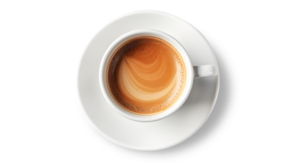 Cappuccino. White cup with saucer. Top view of coffee drink. Isolated