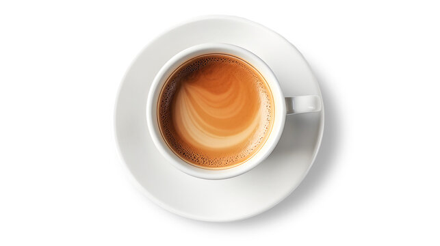 Cappuccino. White cup with saucer. Top view of coffee drink. Isolated