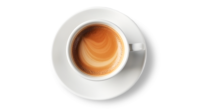 Cappuccino. White cup with saucer. Top view of coffee drink. Isolated