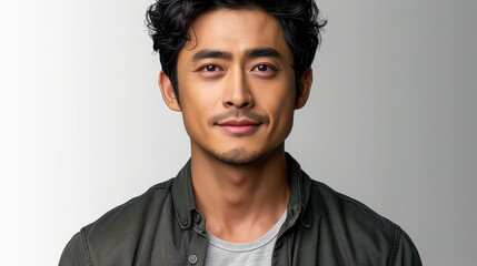 Obraz premium Portrait of young handsome Asian man with black hair wearing a casual outfit on isolated white background, looking confident and approachable, ideal for marketing, lifestyle, or fashion.