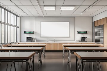 Modern Science Classroom With Blank Whiteboard Display