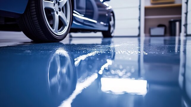A close-up shot of the perfectly aligned blue epoxy resin floor in an elegant garage, reflecting light and creating reflections on its surface.