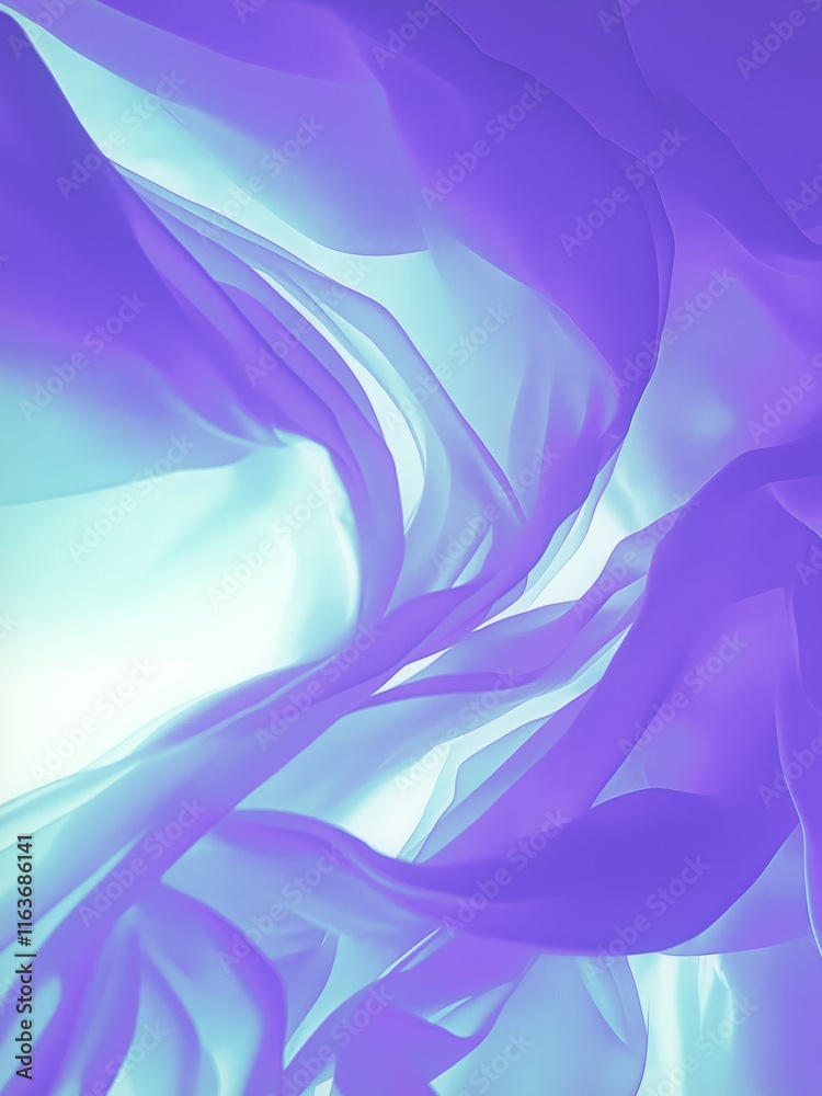 Poster Slightly undulating curves of translucent blue-violet fabric, through which soft light streams, create a sense of movement and airiness