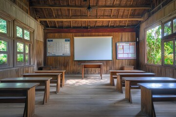 Naklejka premium Rustic Wooden Classroom With Desks And A Projector Screen