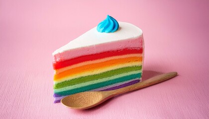 layer rainbow cake with spoon wooden on pink background. Generated image