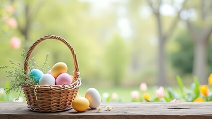 Colorful easter eggs in basket with spring flowers on sunny day outdoors