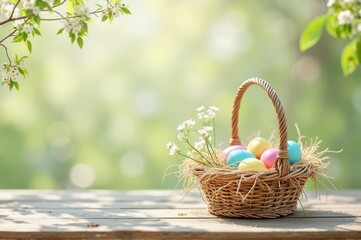 Colorful easter eggs in woven basket on wooden table outdoors in spring