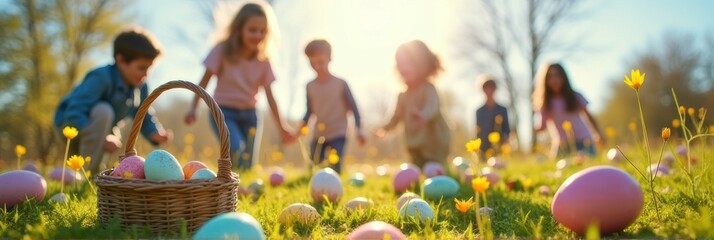 Children collecting colorful easter eggs in sunlit field