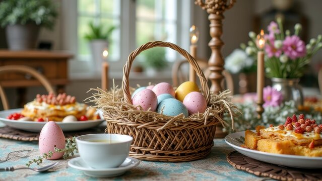 Colorful easter eggs in basket on festive table with spring decorations