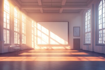 Fototapeta premium Sunlit Room with Large Blank Canvas and Hardwood Floor