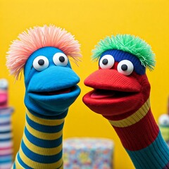 Fototapeta premium Two colorful sock puppets with playful expressions against a bright background. puppet, socks, colorful, fun, playful, toy, children, creativity, humor, education, art, performance, stage, storytellin