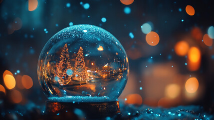 "Stock photo of a snow globe on Christmas Eve night, with snow falling and a blue abstract defocused background, symbolizing a wishful concept."

