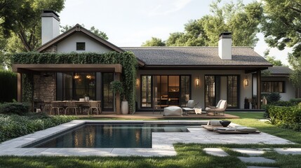 Obraz premium a 3D visualization of a cozy countryside cottage with detailed textures, surrounded by lush greenery. 