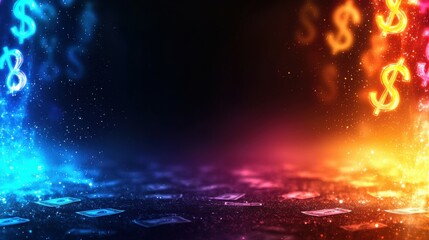 Naklejka premium Abstract Colorful Financial Background with Floating Dollar Symbols and Money