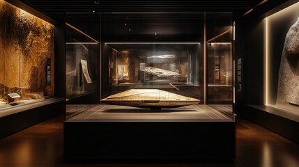 a 3D-rendered museum exhibit featuring a futuristic artifact displayed in a high-tech glass case. 