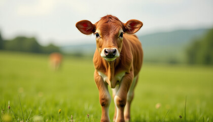 Adorable Baby Calf in a Lush Green Meadow
