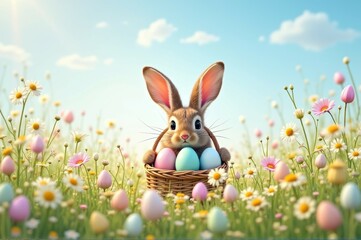 Adorable bunny in flower field holding easter egg basket