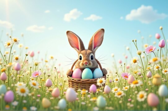Adorable bunny in flower field holding easter egg basket