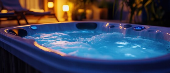 Illuminated hot tub at night, bubbling water, relaxing spa.