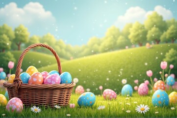Colorful easter egg hunt in sunny spring meadow with floral background