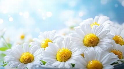 Obraz premium Beautiful Chamomile Flowers With Bright Yellow Centers on a Soft Blue Background, Signifying Peace and Tranquility in Nature's Design