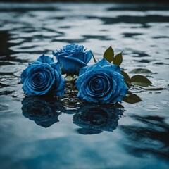Blue roses floating on a crystal-clear lake.