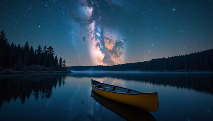 Serene Night Lake Scenery with Canoe