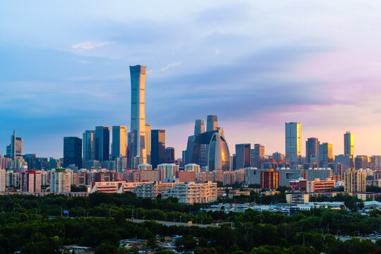 Skyline of Beijing CBD area at sunset, with cloud in the sky