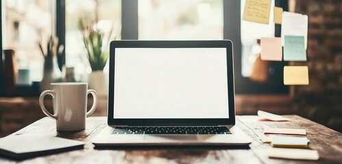 A minimalist workspace featuring a laptop, coffee mug, and colorful sticky notes.