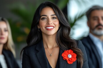 Confident woman smiling at an event with a flower accessory in a modern setting surrounded by professional colleagues