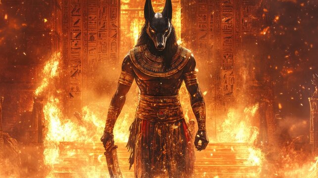 Anubis, Egyptian god of death, stands amidst fiery ruins, holding a khopesh.