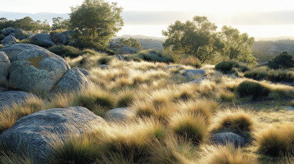 sunset in the mountains, reeds at sunset, field, landscape in autumn