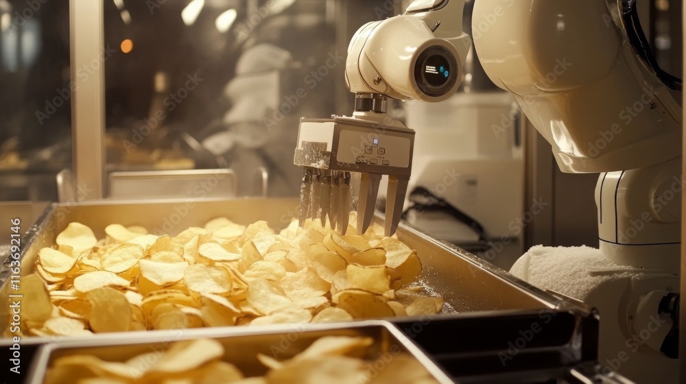 Poster a robotic arm is skillfully handling crisp potato chips on a bustling production line in a food manu