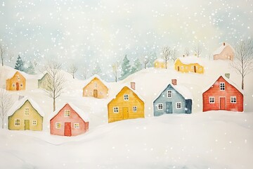 Watercolor Illustration of a Snowy Village with Colorful Houses