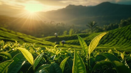 Obraz premium Close-up of vibrant green tea leaves in a plantation with sunlight filtering through and rolling hills creating a serene agricultural landscape.