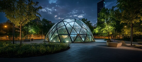 Modern glass dome structure in city park at night.