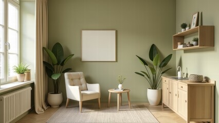 modern minimalistic interior living room with armchair big large window in pastel green and olive colors with space for pictures frame, light and soft atmosphere, things for decoration, design