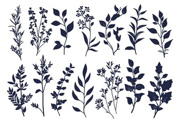 Fototapeta premium Elegant navy blue botanical silhouettes on a white background
