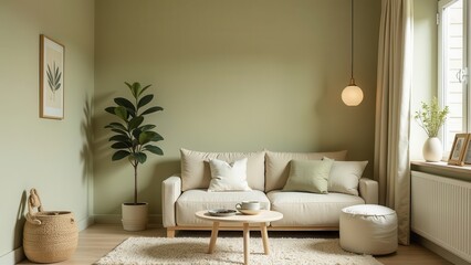 modern minimalistic interior living room with sofa in pastel green and olive colors with space for pictures frame, light and soft atmosphere, big large window, things for decoration, design
