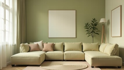 modern minimalistic interior living room with big sofa in pastel green and olive colors with space for pictures frame, light and soft atmosphere, things for decoration, design