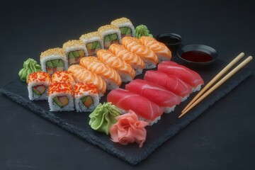 Sushi platter featuring assorted rolls and sashimi arranged on a black slate background