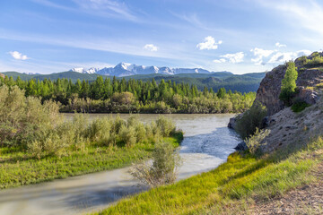 The Kurai steppe and meanders Chuya river (or bends of the Chuya river). Altai republic, Russia
