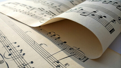 Fototapeta premium Sheets of music are gently curled, showcasing the intricate notes and symbols on the paper. The focus is on the detailed musical notation, creating a sense of rhythm and melody.AI generated.