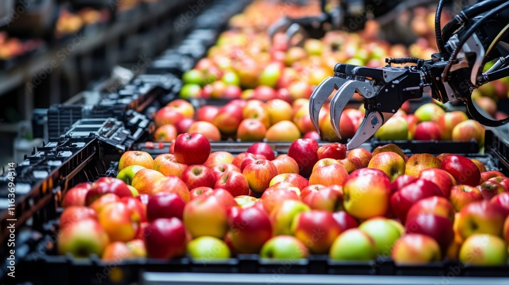 Poster Robotic arms efficiently sort and move colorful apples on a busy production line in a food processing facility. The vibrant array of apples showcases the automation technology in food handling.