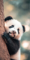 Obraz premium Adorable baby panda hugging a tree in a serene forest setting
