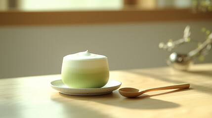 Opis:

A steaming glass of matcha latte, adorned with a delicate swirl of foam art, rests on a pristine white saucer. A small wooden spoon lies nearby, adding a touch of rustic charm. 