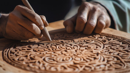 Intricate woodworking craft by elderly Caucasian man showcasing detailed carving skills