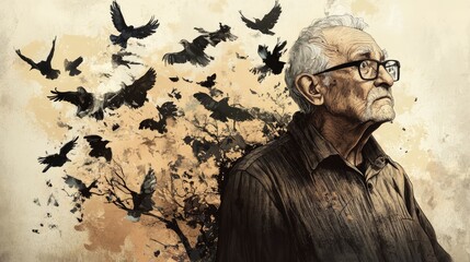 Fototapeta premium An elderly man stands amidst swirling birds, evoking themes of memory and reflection.