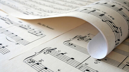 Fototapeta premium A close-up view reveals a collection of musical sheets with notes and staves, emphasizing the intricacies of musical composition.Curled edge of one sheet adds a dynamic element to the composition.AI 
