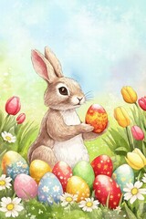 A watercolor illustration of a cheerful Easter bunny painting colorful eggs in a meadow, surrounded by blooming tulips and daisies.